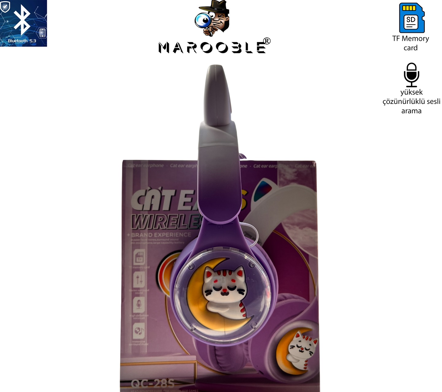 Bilişim Burada PL-2224 Mor Ay Ve Kedi Desenli HD Mikrofon Kaliteli Yüksek Batarya Uzun Şarj Dayanıklılığı Bluetooth Kulaklık